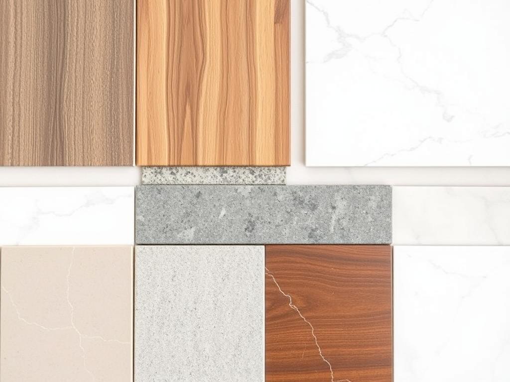 kitchen countertop material samples like wood, concrete and granite